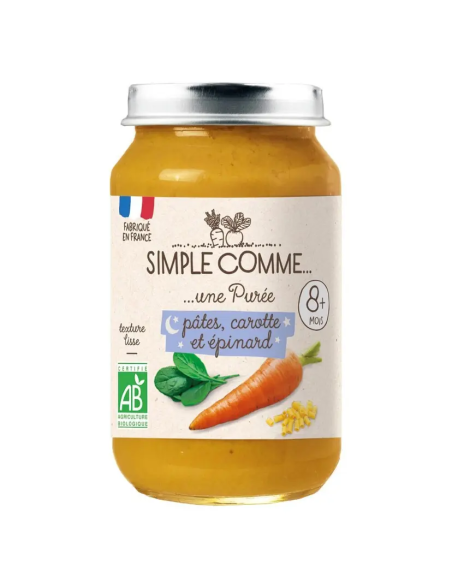 Био Зеленчуково пюре "Лека нощ" - Макарони, Морков и Спанак (8+ месеца) - 200г - Simple Comme