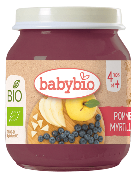 Био Плодово пюре - Ябълка и Боровинки (4+ месеца) - 130г - Babybio