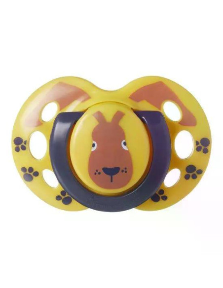 Комплект от 2 бр. ортодонтични залъгалки Tommee Tippee FUN FRIENDS със силиконов биберон, 18-36м, забавна декорация на щита, в к