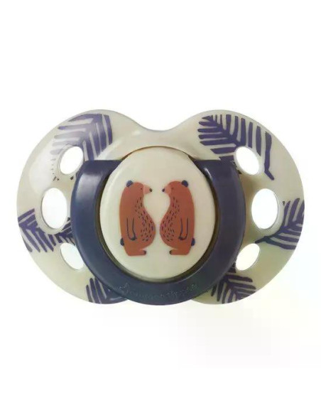 Комплект от 2 бр. ортодонтични залъгалки Tommee Tippee FUN FRIENDS със силиконов биберон, 18-36м, забавна декорация на щита, в к