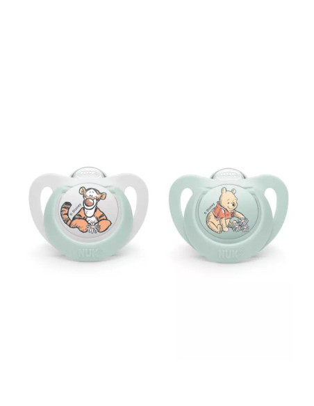 NUK биберон залъгалка силикон 0-6 мес. 2 бр. МЕЧО ПУХ + кутийка за съхранение и стерилизация в микровълнова