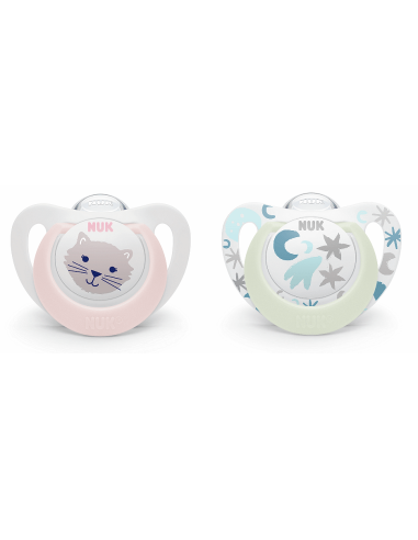 NUK биберон залъгалка силикон 0-6мес. 2бр STAR NIGHT&DAY светеща - момиче