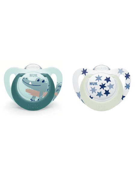 NUK биберон залъгалка силикон 6-18 мес. 2бр STAR NIGHT&DAY светеща - момче