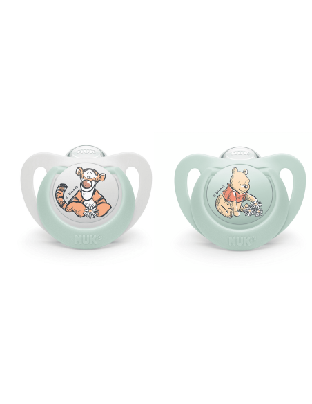 NUK биберон залъгалка силикон 6-18 мес. 2 бр. МЕЧО ПУХ + кутийка за съхранение и стерилизация в микровълнова