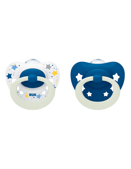 NUK Биберон залъгалка силикон 6-18 мес. 2 бр. Signature Night момче + кутийка за съхранение и стерилизация в микровълнова
