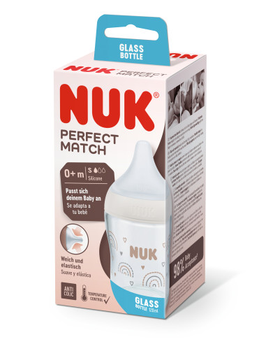 NUK Perfect Match Стъклено шише 120мл. със силиконов биберон за хранене S, 0+мес. Дъга