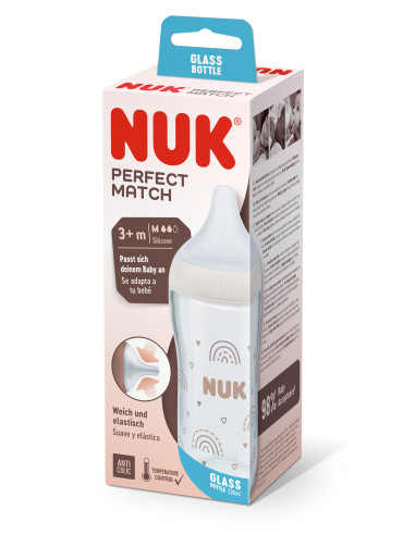 NUK Perfect Match Стъклено шише 230мл. със силиконов биберон за хранене M, 3+мес. Дъга