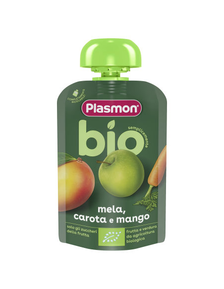 PLASMON БИО ПЛОДОВА ЗАКУСКА ЯБЪЛКА, МОРКОВ И МАНГО, 6+мБИО ПЛОДОВА ЗАКУСКА ЯБЪЛКА, МОРКОВ И МАНГО, 6+м