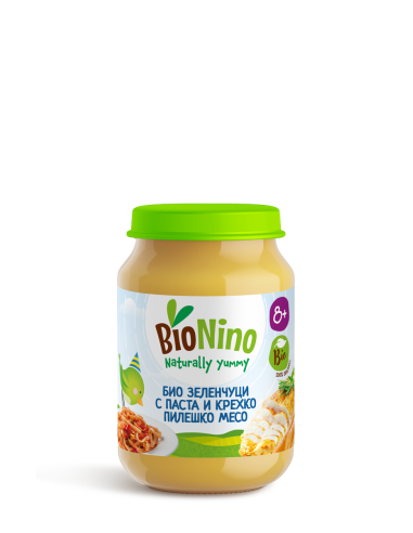 BioNino БИО ПЮРЕ ЗЕЛЕНЧУЦИ С ПАСТА И ПИЛЕШКО МЕСО, 8м+ 190 гр