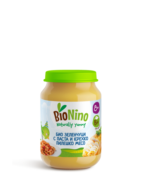BioNino БИО ПЮРЕ ЗЕЛЕНЧУЦИ С ПАСТА И ПИЛЕШКО МЕСО, 8м+ 190 гр