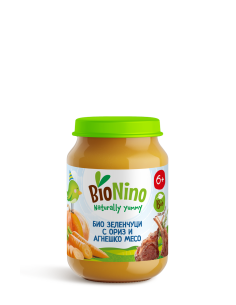 BioNino БИО ПЮРЕ ЗЕЛЕНЧУЦИ С ОРИЗ И АГНЕШКО МЕСО, 6м+ 190 гр