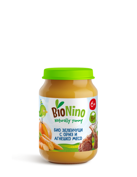 BioNino БИО ПЮРЕ ЗЕЛЕНЧУЦИ С ОРИЗ И АГНЕШКО МЕСО, 6м+ 190 гр