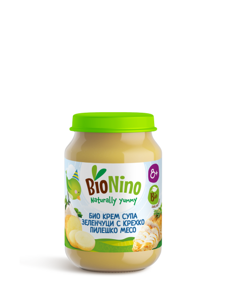 BioNino БИО КРЕМ СУПА СЪС ЗЕЛЕНЧУЦИ, СИРЕНЕ И ПИЛЕШКО МЕСО, 8м+ 190 гр