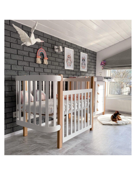 Veres бебешка кошара от бук Монако БЯЛО/БУК 60/120 см + колелца