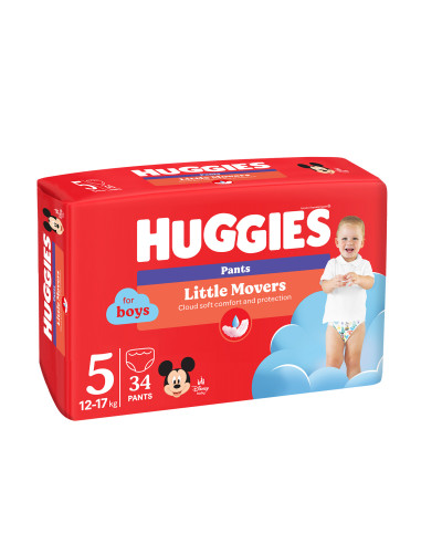 Huggies Бебешки пелени гащички Little Movers Boy 5, 12-17кг, 34 бр.