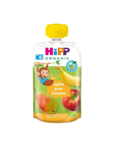 HIPP 8520 HiPPiS БИО Ябълка, круша, банан , плодова закуска, пауч, 100 гр