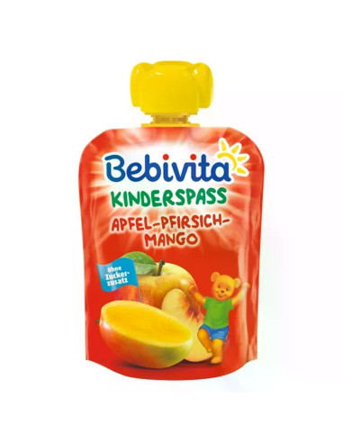 BEBIVITA 1411 Ябълка, Праскова и Манго, плодова закуска, пауч, 90гр.