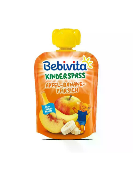 BEBIVITA 1408 Ябълка, Банан и Праскова, плодова закуска, пауч, 90гр.