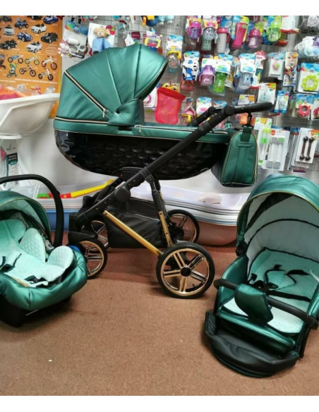 Adbor-бебешка количка 3в1 Avenue 3D eco: зелена кожа/черен