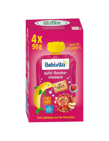 BEBIVITA 9% ДДС Ябълка, Банан и Малина, плодова закуска, 19100 пауч, 90гр.
