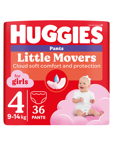 Huggies Бебешки пелени гащички Little Movers Girl 4, 9-14кг, 36 бр.
