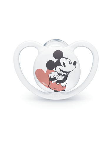 NUK биберон залъгалка силикон 6-18 мес. 1бр Space Mickey+ box - Бял