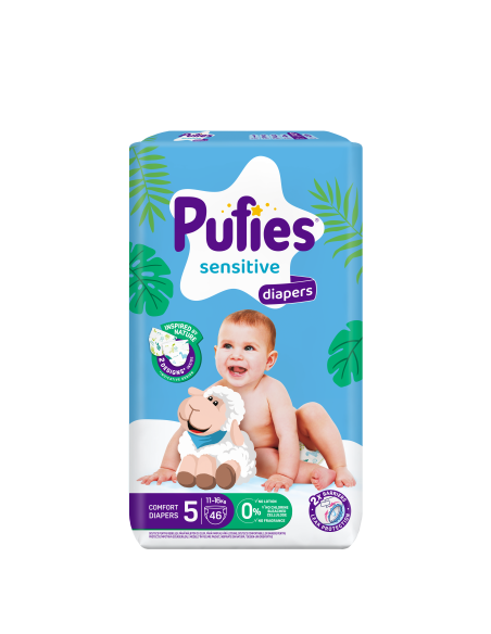 Pufies пелени Sensitive 5, 46бр, 11-16кг, Maxi Pack