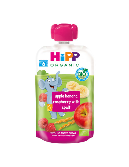 HIPP 8534 HiPPiS БИО Ябълка, банани, малини , плодова закуска, пауч, 100 гр