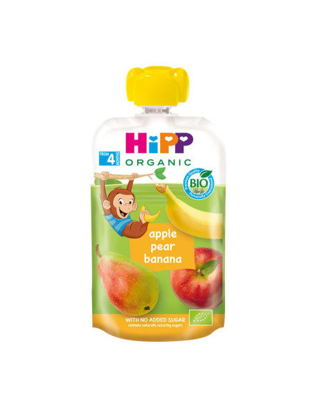 HIPP 8520 HiPPiS БИО Ябълка, круша, банан , плодова закуска, пауч, 100 гр
