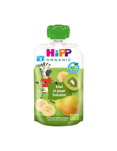 HIPP  8527 HiPPiS БИО Круша, банан, киви, плодова закуска, пауч, 100 гр