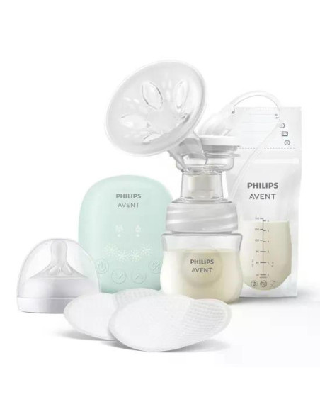 Комплект от Единична електрическа помпа за изцеждане на кърма Philips AVENT Essential, 1 бр. шише Natural Response 125 мл, 5 бр.