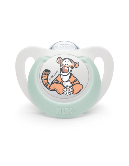 NUK биберон залъгалка силикон 0-6 мес. 1бр МЕЧО ПУХ + кутийка за съхранение и стерилизация в микровълнова- Тигър