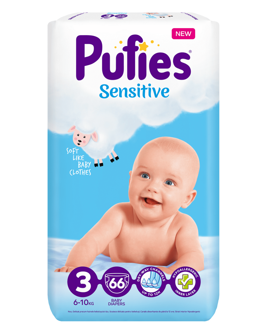 Pufies Бебешки пелени Sensitive р-р 3 (6-10 кг.) 66 бр.