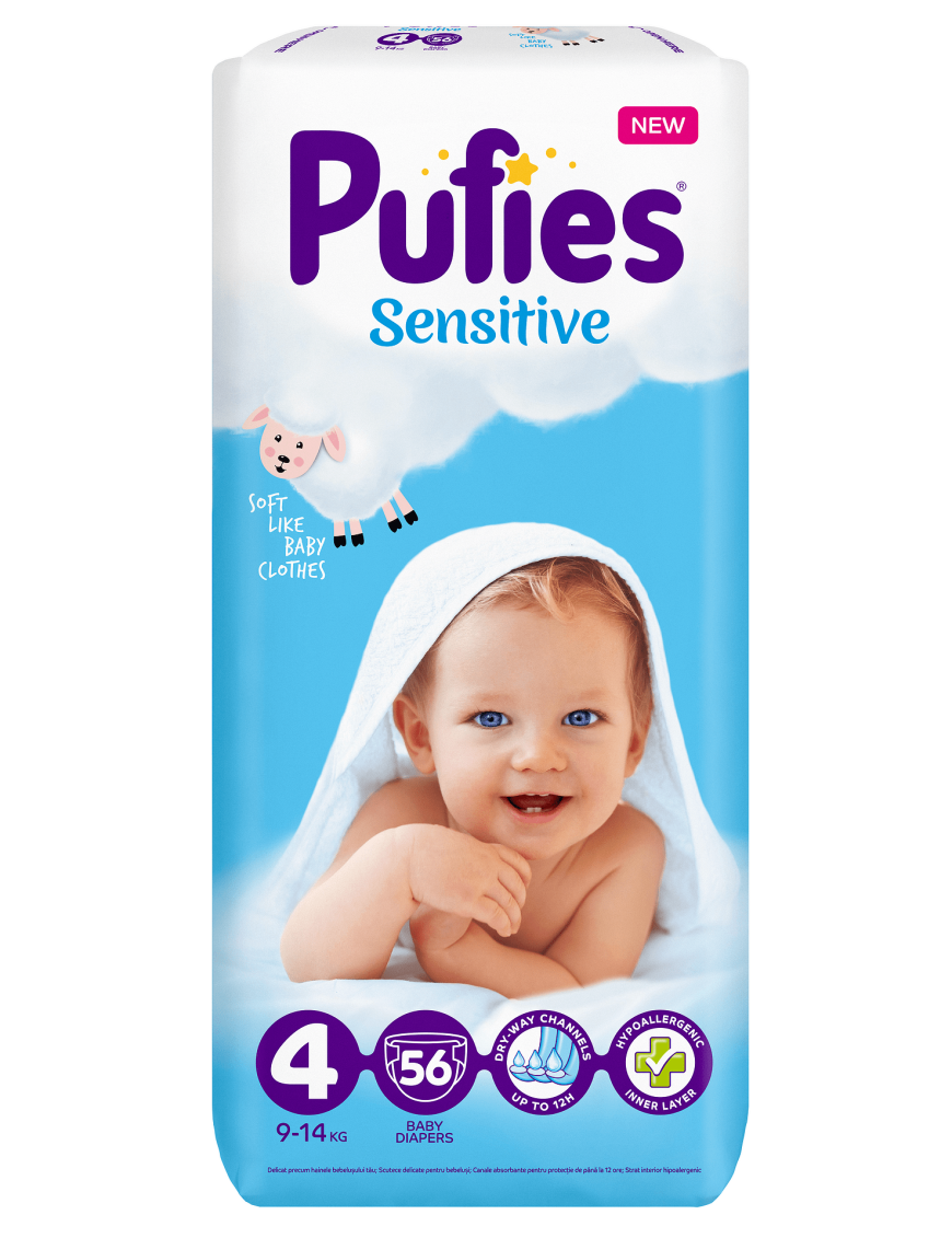 Pufies Бебешки пелени Sensitive р-р 4 (9-14 кг.) 56 бр.