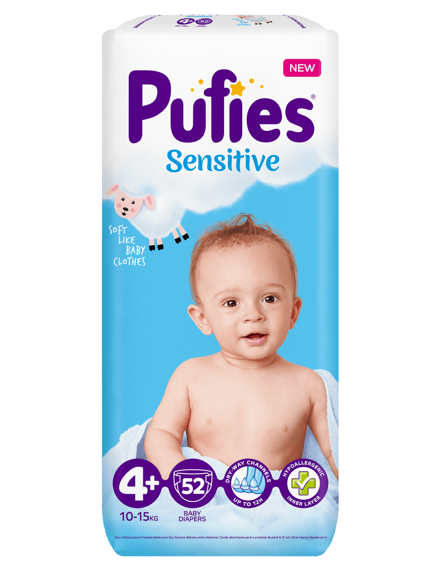 Pufies Бебешки пелени Sensitive р-р 4+ (10-15 кг.) 52 бр.