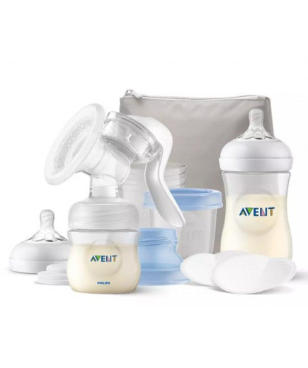 Philips AVENT Комплект Ръчна помпа за изцеждане на кърма Natural Motion с контейнери VIA, шишета за хранене Natural и несесер
