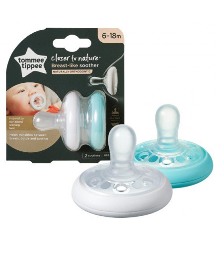 Комплект от 2 броя светещи в тъмното ортодонтични залъгалки Tommee Tippee Breast-Like със силиконов биберон, 6-18м