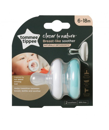 Комплект от 2 броя светещи в тъмното ортодонтични залъгалки Tommee Tippee Breast-Like със силиконов биберон, 6-18м