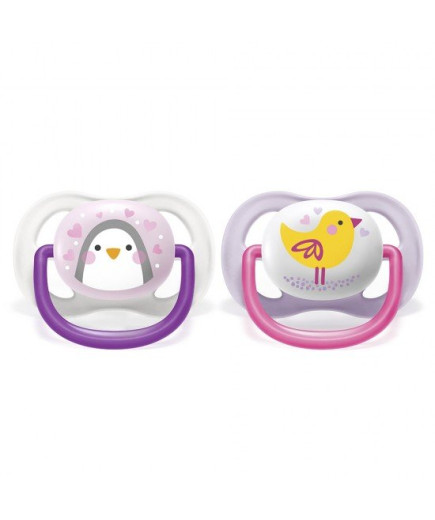 2 бр. ортодонтични залъгалки Philips AVENT SCF080/06 Ultra Air Animals 0-6м с декорация Пингвин и Птица в кутия за стерилизиране