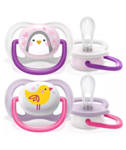 2 бр. ортодонтични залъгалки Philips AVENT SCF080/06 Ultra Air Animals 0-6м с декорация Пингвин и Птица в кутия за стерилизиране