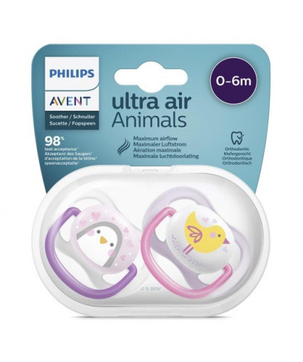 2 бр. ортодонтични залъгалки Philips AVENT SCF080/06 Ultra Air Animals 0-6м с декорация Пингвин и Птица в кутия за стерилизиране