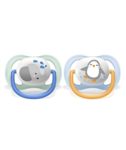 2 бр. ортодонтични залъгалки Philips AVENT SCF080/05 Ultra Air Animals 0-6м с декорация Слон и Пингвин в кутия за стерилизиране