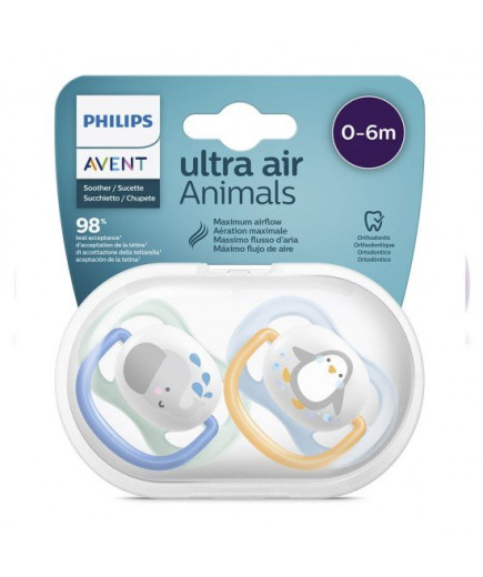 2 бр. ортодонтични залъгалки Philips AVENT SCF080/05 Ultra Air Animals 0-6м с декорация Слон и Пингвин в кутия за стерилизиране