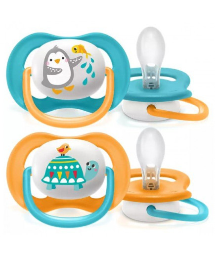 2 бр. ортодонтични залъгалки Philips AVENT SCF080/07 Ultra Air Animals 6-18м с декорация Пингвин и Костенурка в кутия за стерили
