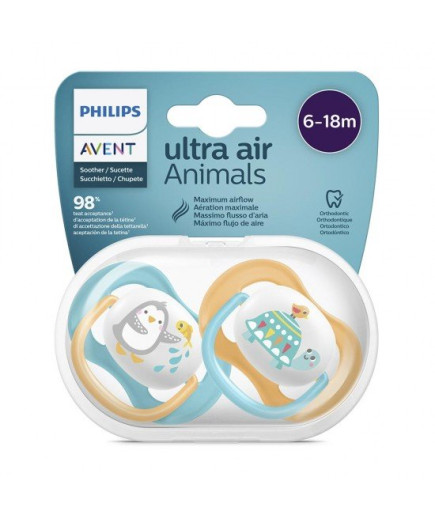 2 бр. ортодонтични залъгалки Philips AVENT SCF080/07 Ultra Air Animals 6-18м с декорация Пингвин и Костенурка в кутия за стерили