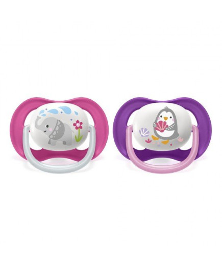 2 бр. ортодонтични залъгалки Philips AVENT SCF080/08 Ultra Air Animals 6-18м с декорация Слон и Пингвин в кутия за стерилизиране