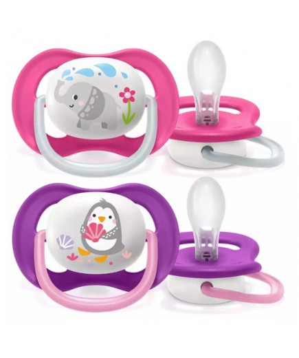 2 бр. ортодонтични залъгалки Philips AVENT SCF080/08 Ultra Air Animals 6-18м с декорация Слон и Пингвин в кутия за стерилизиране