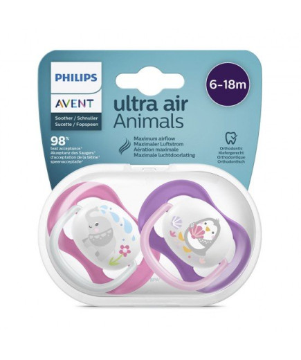 2 бр. ортодонтични залъгалки Philips AVENT SCF080/08 Ultra Air Animals 6-18м с декорация Слон и Пингвин в кутия за стерилизиране