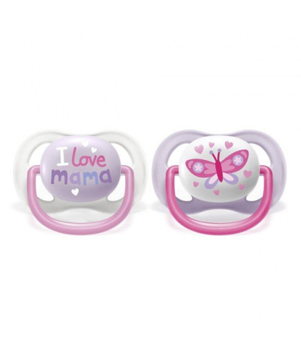 2 бр. ортодонтични залъгалки Philips AVENT SCF080/02 Ultra Air Happy 0-6м с декорация Пеперуда и Надпис Love в кутия за стерилиз