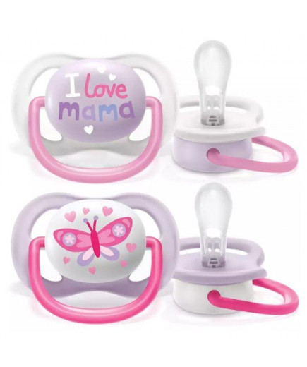 2 бр. ортодонтични залъгалки Philips AVENT SCF080/02 Ultra Air Happy 0-6м с декорация Пеперуда и Надпис Love в кутия за стерилиз